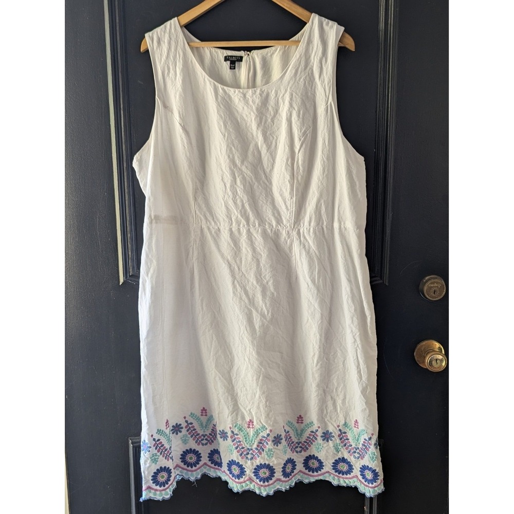 Talbots White Linen Cotton Sleeveless Floral Embroidered Hem Shift Dress‎ 16WP